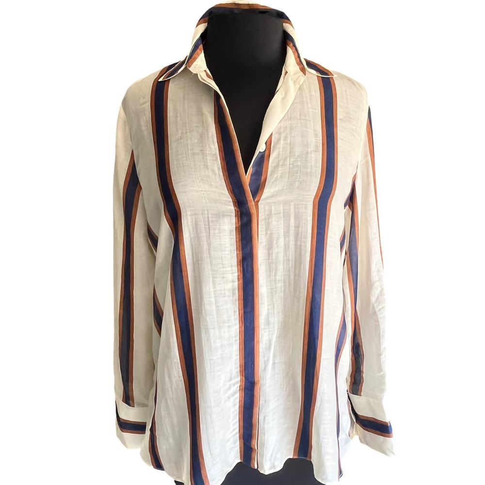 Massimo Dutti Women Blue Rust Striped V-Neck Blouse Top Size 8 EUR 40